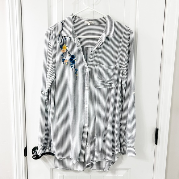 Laju Navy Striped Collared Button Down Floral Embroidery Accent Size Large - Picture 1 of 8